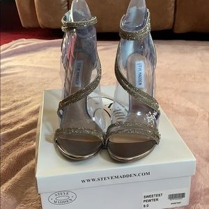 Steve Madden “Sweetest” Pewter Rhinestone Straps Heels with zipper at heel, NWT
